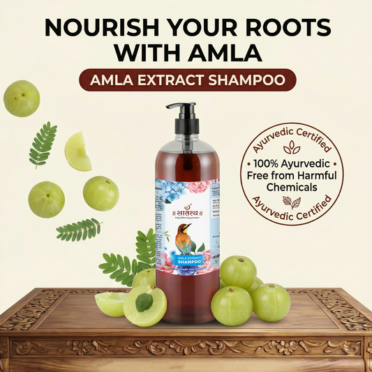 Amla extract shampoo bottle with amla fruits and leaves on a wooden surface