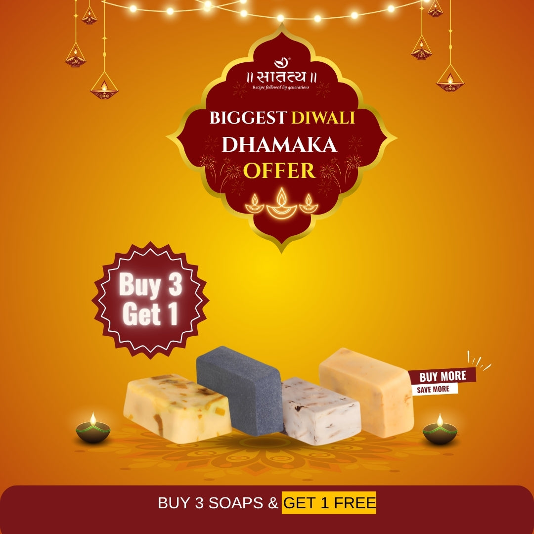 Diwali soap sale with soap bars and decorative elements on an orange background. Diwali offer for ayurvedic homemade soap