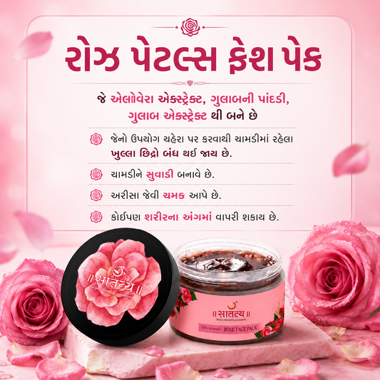 Gujarati product information graphic for Satatya Rose Face Pack explaining benefits of rose petals, aloe vera extract, and rose extract for glowing skin.