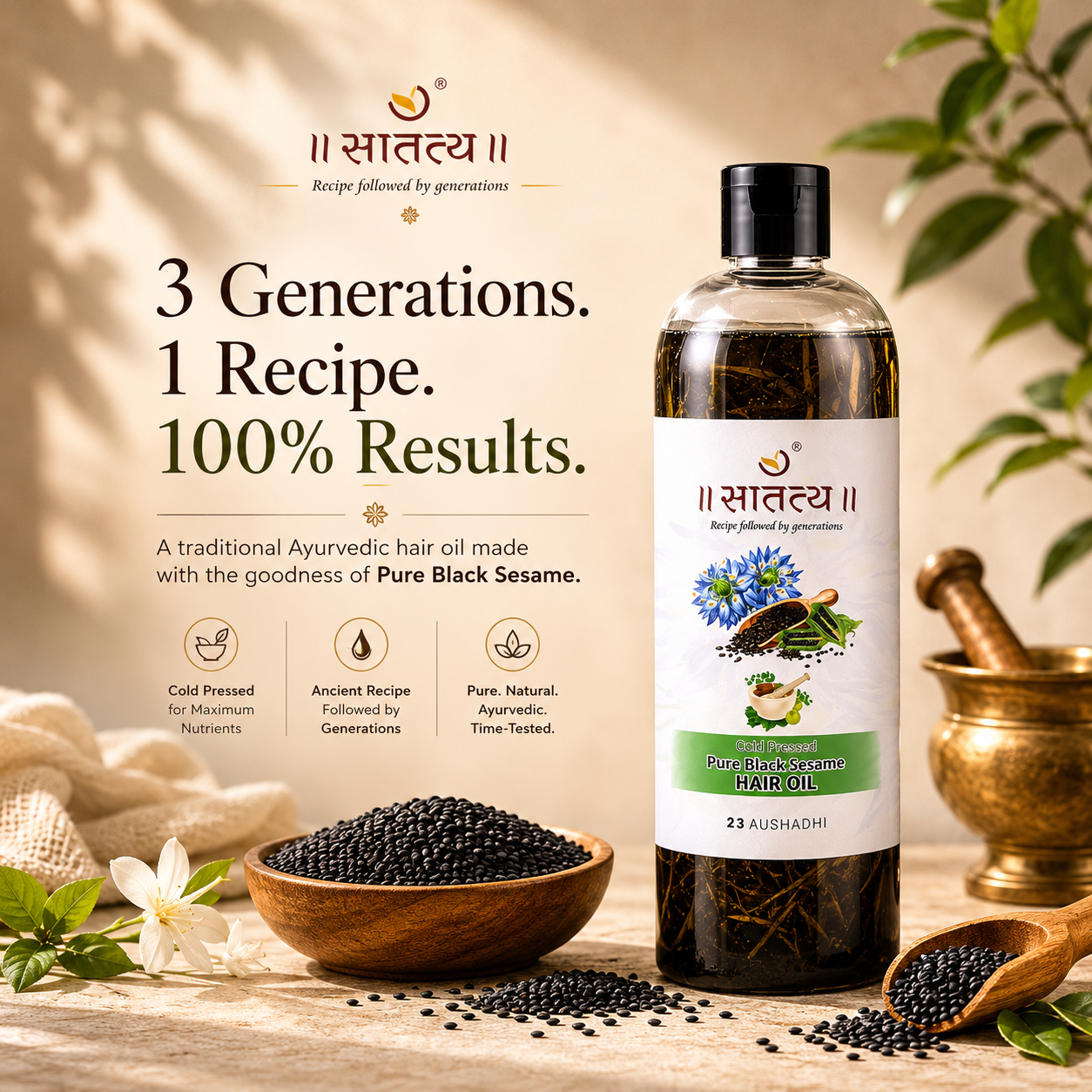 Satatya Pure Black Sesame Hair Oil bottle with black sesame seeds in a premium Ayurvedic setup featuring the headline ‘3 Generations. 1 Recipe. 100% Results.