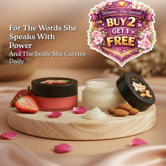 Cosmetic jars with strawberry and almond elements on a wooden tray, promotional text for Women's Day offer.