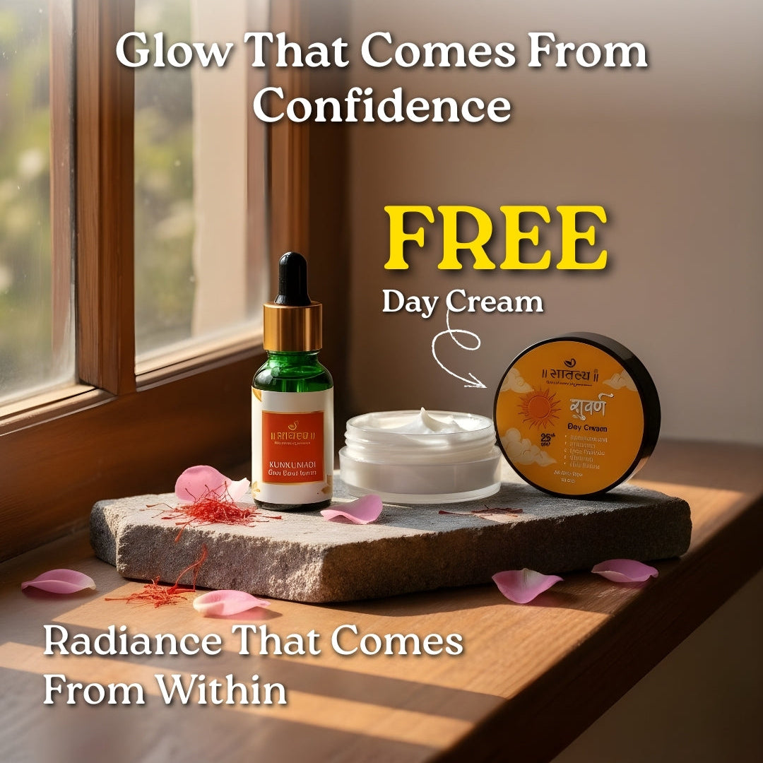 Cosmetic products on a windowsill with promotional text about confidence and free day cream.