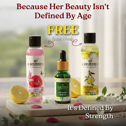 Three skincare products on a wooden board with lemons and flowers, promotional text about face wash, and brand name.