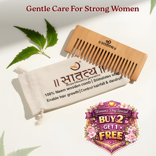 Neem wooden comb with packaging and promotional text on a light background