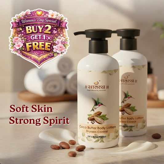 Two bottles of 'Sattvaa' body lotion with promotional text on a blurred background