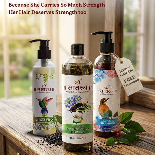 Three hair care products on a wooden surface with a scenic background