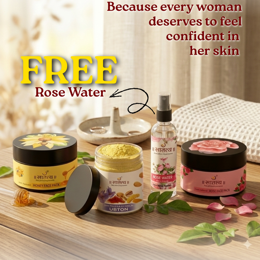 Cosmetic products with a focus on rose water, placed on a wooden surface with a soft background.