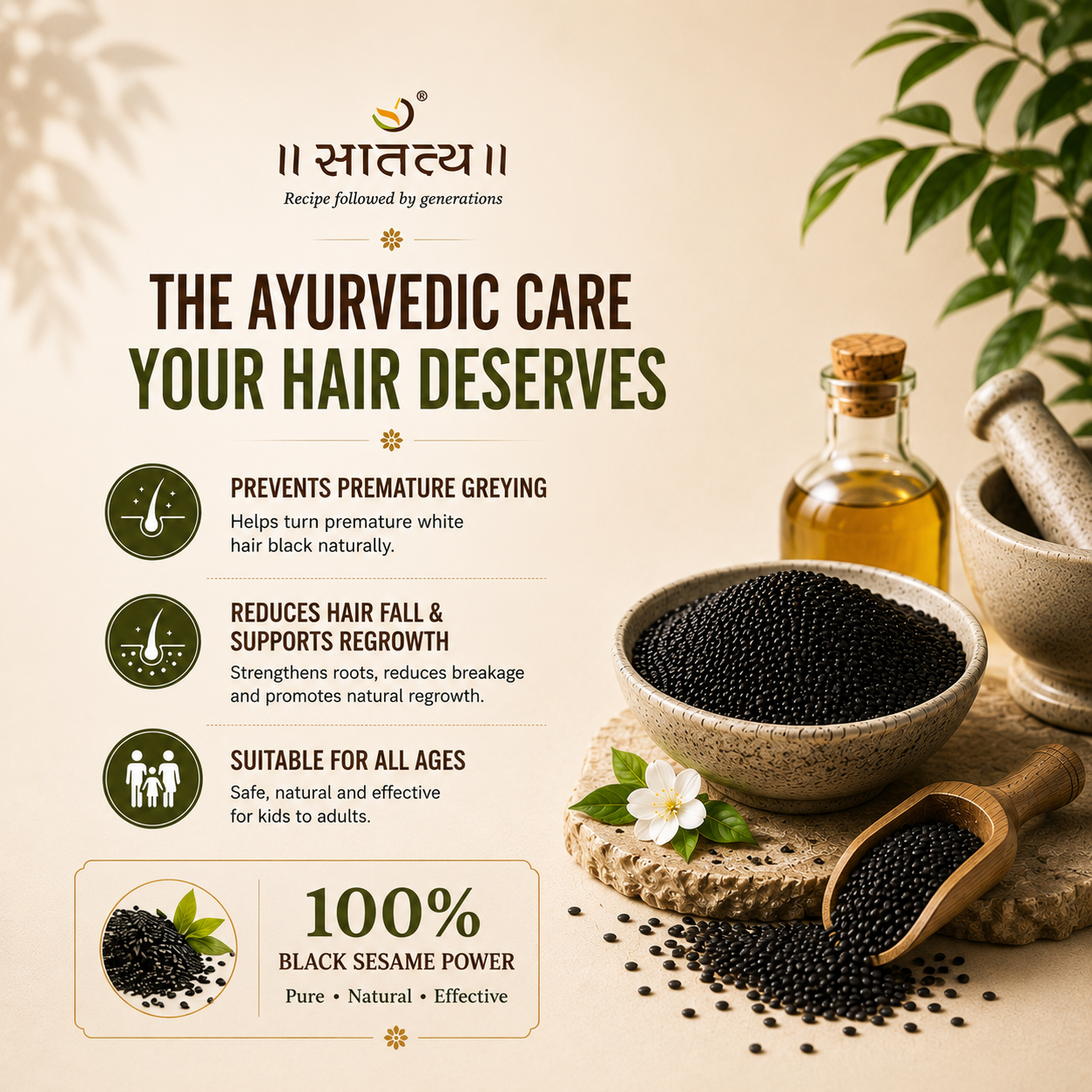 Premium Ayurvedic hair oil benefits creative showcasing black sesame seeds, traditional ingredients, and key benefits like hair regrowth support, reduced hair fall, and healthier hair.
