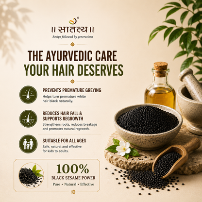 Premium Ayurvedic hair oil benefits creative showcasing black sesame seeds, traditional ingredients, and key benefits like hair regrowth support, reduced hair fall, and healthier hair.