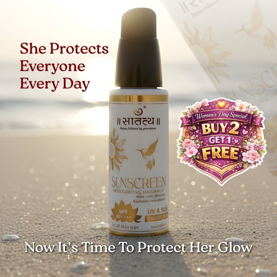 Sunscreen bottle with promotional text on a beach background