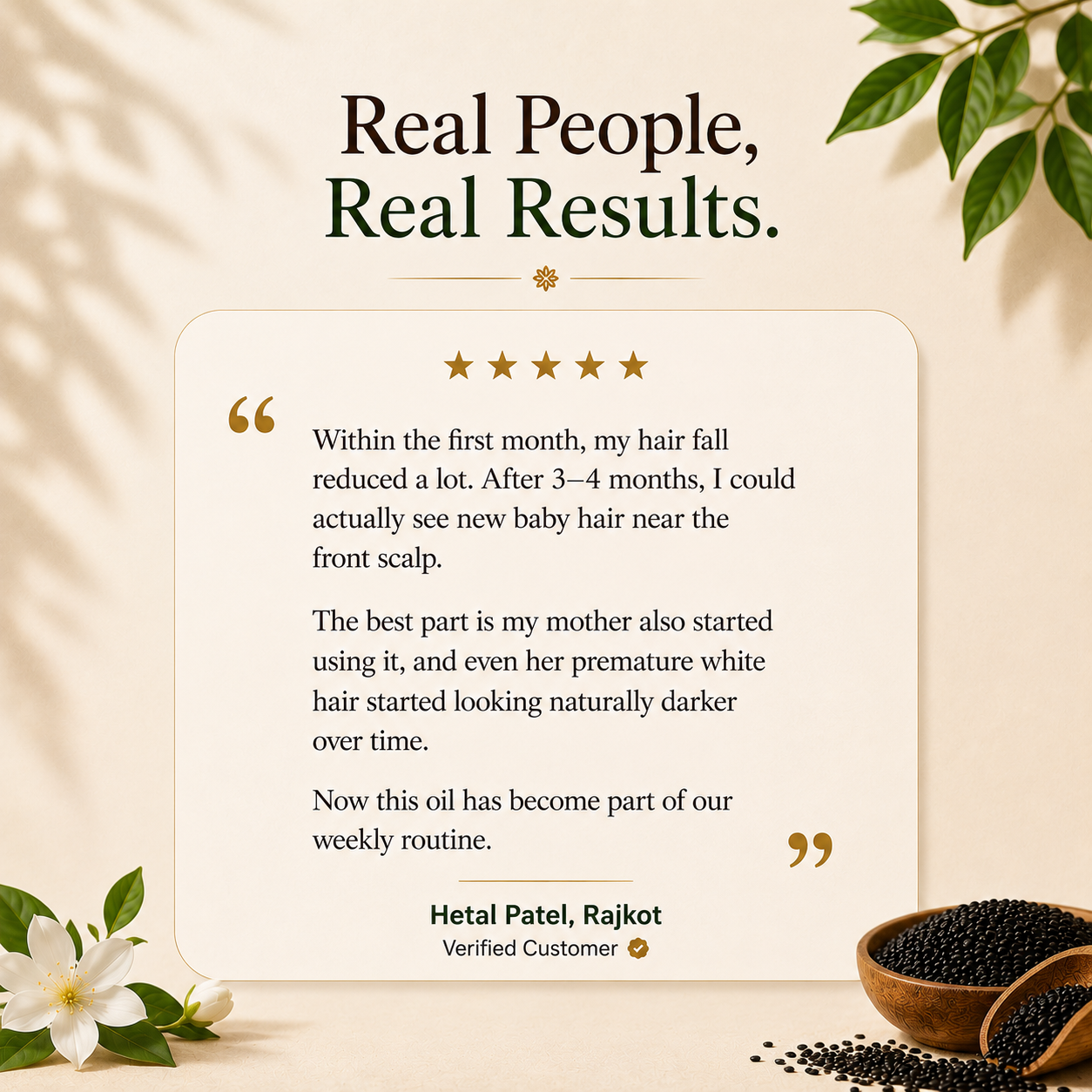 Minimal premium testimonial creative for Satatya Black Sesame Hair Oil featuring verified customer feedback about reduced hair fall, new baby hair growth, and naturally healthier hair.