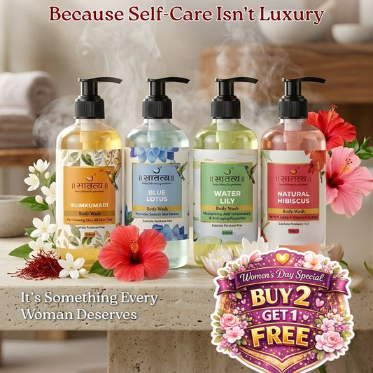 Bath products with flowers on a stone surface, promoting self-care and a special offer.