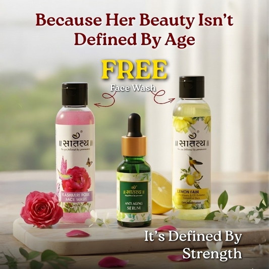 Three skincare products on a white surface with text about beauty and strength.