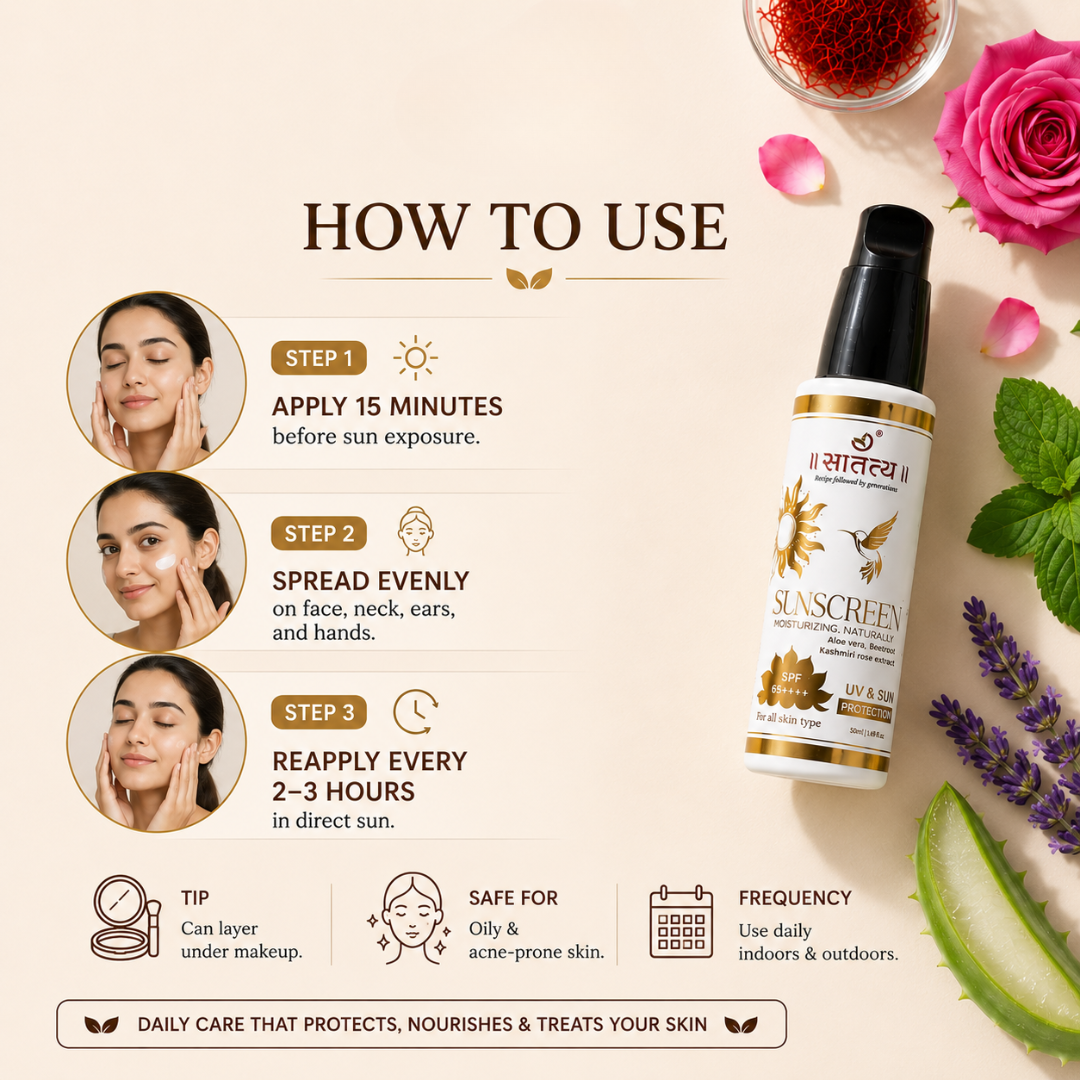 Step-by-step guide showing how to apply Satatya SPF 65 sunscreen evenly on face and skin for daily UV protection and hydration.