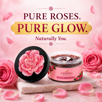 Customer testimonials and reviews for Satatya Rose Face Pack highlighting smoother skin, brighter complexion, reduced pores, and natural glow.