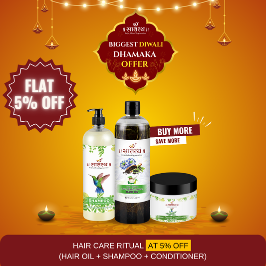 Satatya Ayurvedic hair care combo, natural hair care kit, black sesame hair oil, sweet neem shampoo, sweet neem conditioner, herbal shampoo and conditioner set, ayurvedic anti-hair fall combo, natural hair nourishment products, Satatya hair care collection, organic herbal hair routine