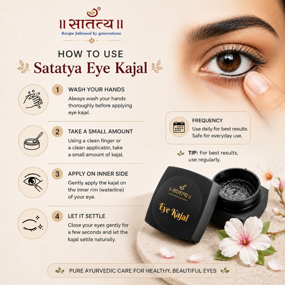 Instructions on how to use Satatya Eye Kajal with a close-up of an eye and pointers