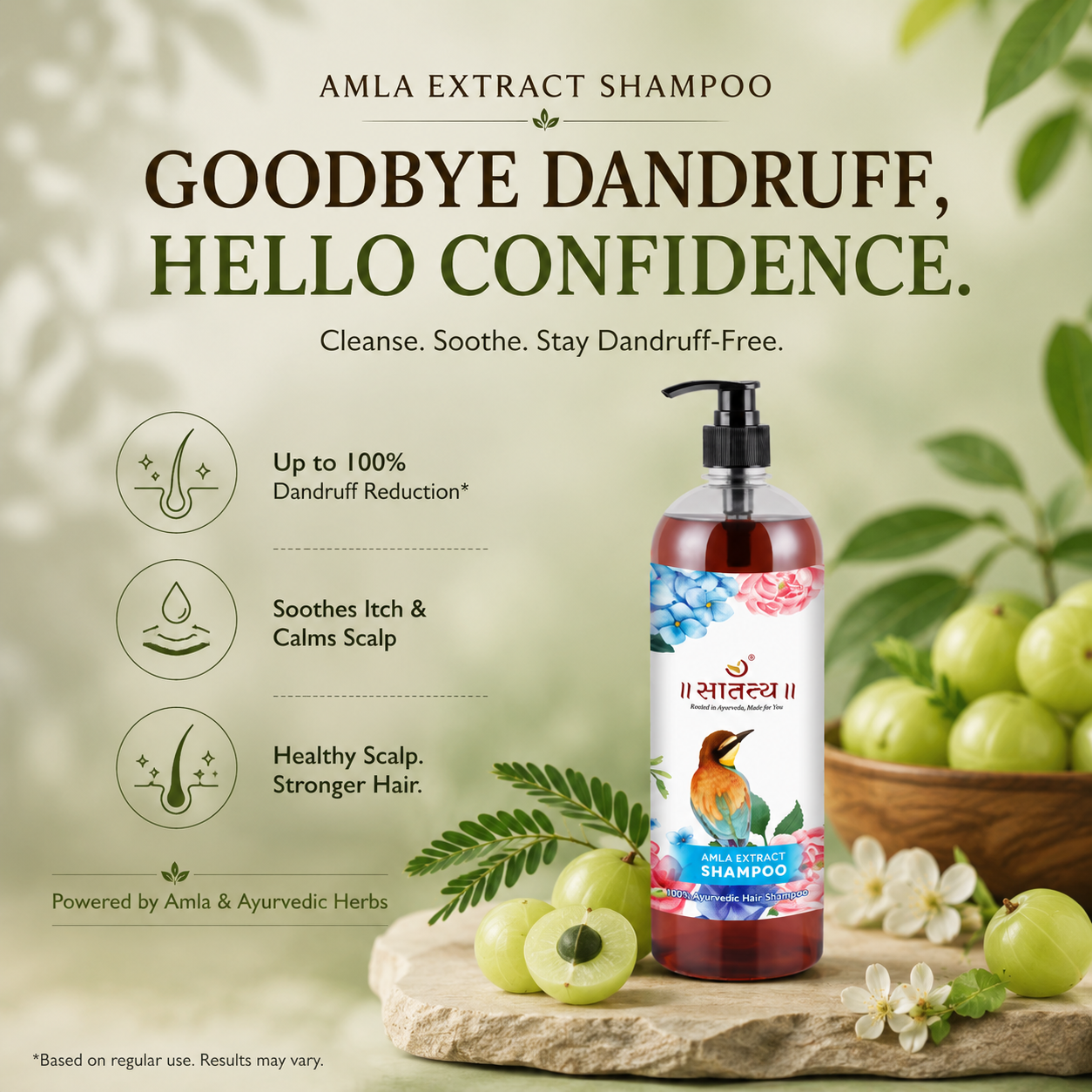 Satatya Amla Extract Shampoo bottle with fresh amla fruit and Ayurvedic herbs for dandruff control, scalp cleansing, and healthy hair care.