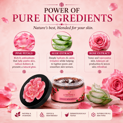 Satatya Rose Face Pack featuring pink rose petals, aloe vera extract, and rose extract as natural Ayurvedic ingredients for healthy glowing skin.