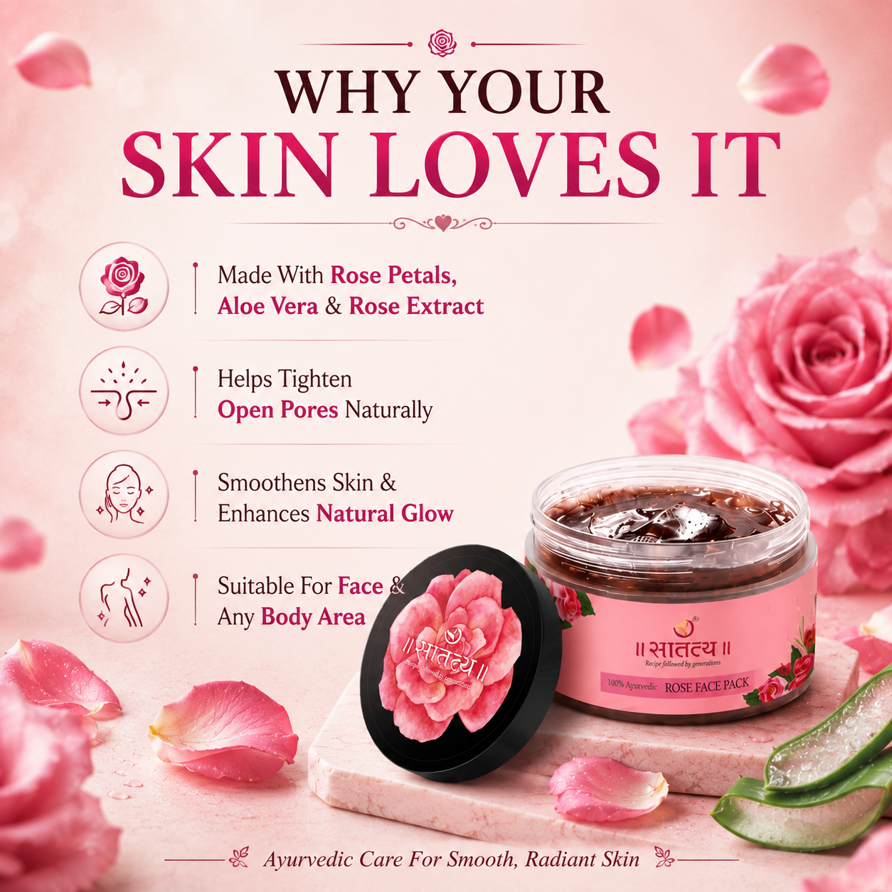 Satatya Rose Face Pack benefits infographic showing rose petals, aloe vera, and rose extract for pore tightening, smoother skin, natural glow, and face care.