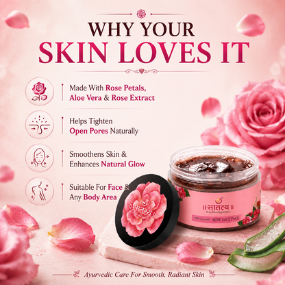 Satatya Rose Face Pack benefits infographic showing rose petals, aloe vera, and rose extract for pore tightening, smoother skin, natural glow, and face care.