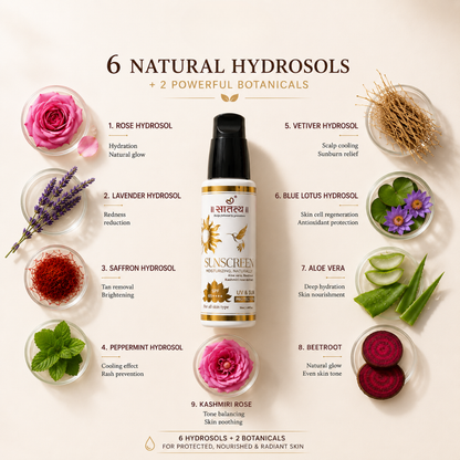 Natural SPF 65 sunscreen enriched with 6 hydrosols including rose, lavender, saffron, peppermint, vetiver, blue lotus, aloe vera, beetroot, and Kashmiri rose for skin hydration and sun protection.